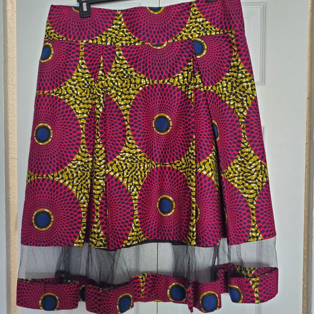 African print flared skirt with mesh insert